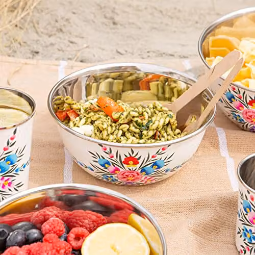 Billy Can Floral Cotton Pansy Stainless Steel Cereal Bowl in White, Diameter: 18.5 cm – 2
