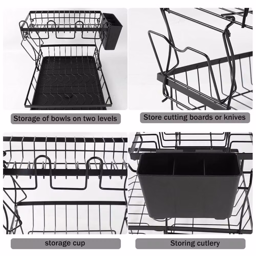 VOGREX 2 Tier Dish Drainer Rack with Cutlery and Cup Holder, Black, W/D/H: 42.5 x 30.5 x 30.5 cm – 3