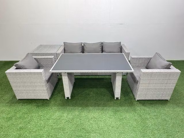 Fimous Modern Patio Garden Furniture Set with Dining Table and Side Table in Light Grey