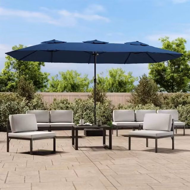 Berkfield Home Double-Head Cantilever Parasol with LEDs in Azure Blue, W: 449 cm, H: 245 cm – 1