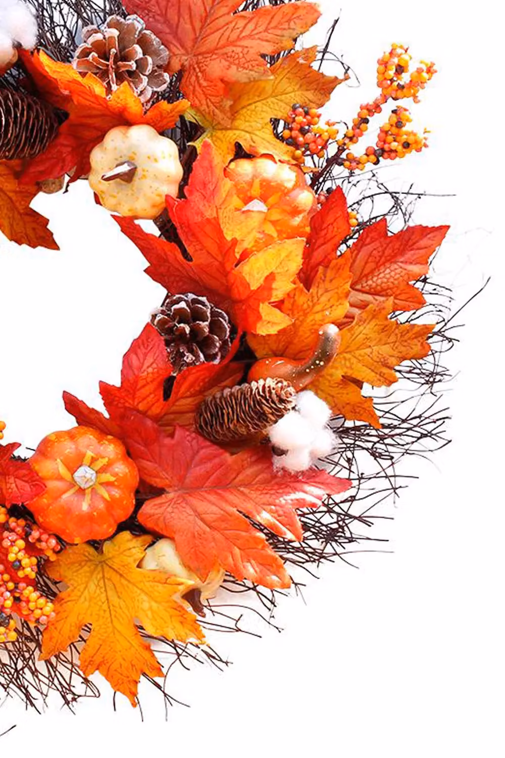 Living and Home Orange Pre-Lit Autumn Wreath with Pumpkin, Maple Leaves, Cotton and Pine Cones, Diameter: 55 cm – 5