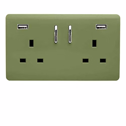 Trendi 2 Gang 13 Amp USB Switched Plug Socket with 2 x 3.1mA Ports in Moss Green