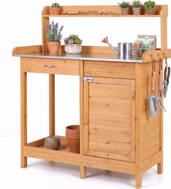 COSTWAY Rustic Wood and Metal Plant Workstation in Yellow