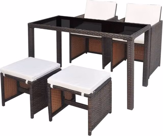 Berkfield Home 5 Piece Outdoor Dining Set with Cushions in Brown Poly Rattan and Glass – 1