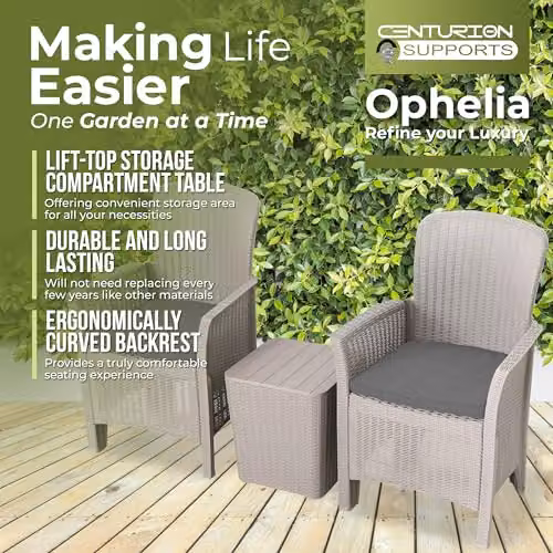 Centurion Supports Ophelia 3-Piece Grey PU Rattan Wicker Garden Furniture Set with High Back Armchairs, Side Table and Storage – 5