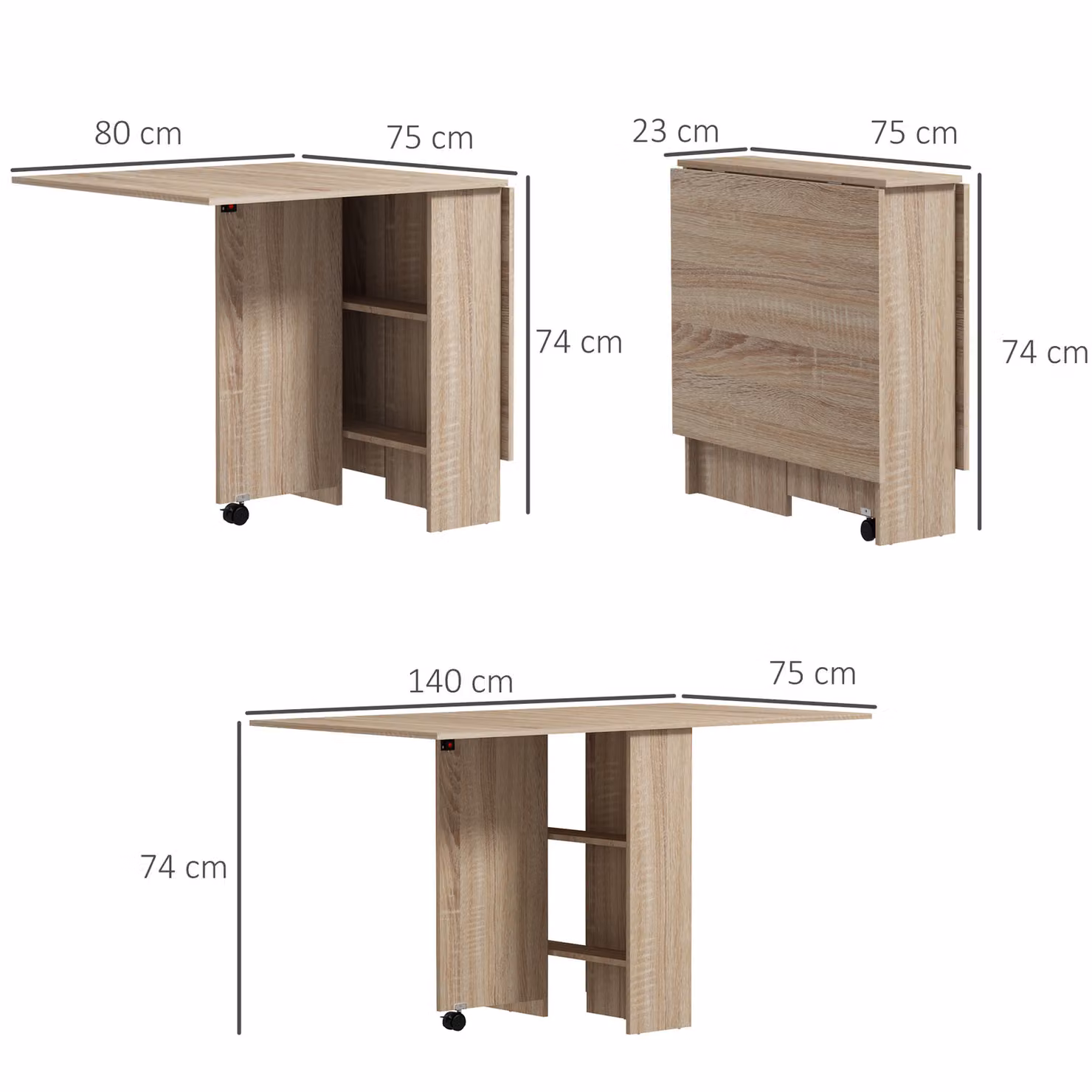 HOMCOM Natural Brown Drop Leaf Folding Dining Table with Castors for Kitchen and Dining Room, W/D/H: 60 x 75 x 75 cm – 3