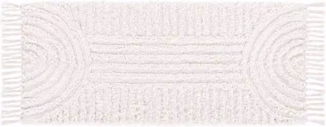 KORVIXA Bohemian Handwoven Cotton Linen Round Runner Rug with Fringes in Beige and White, Diameter: 100 cm