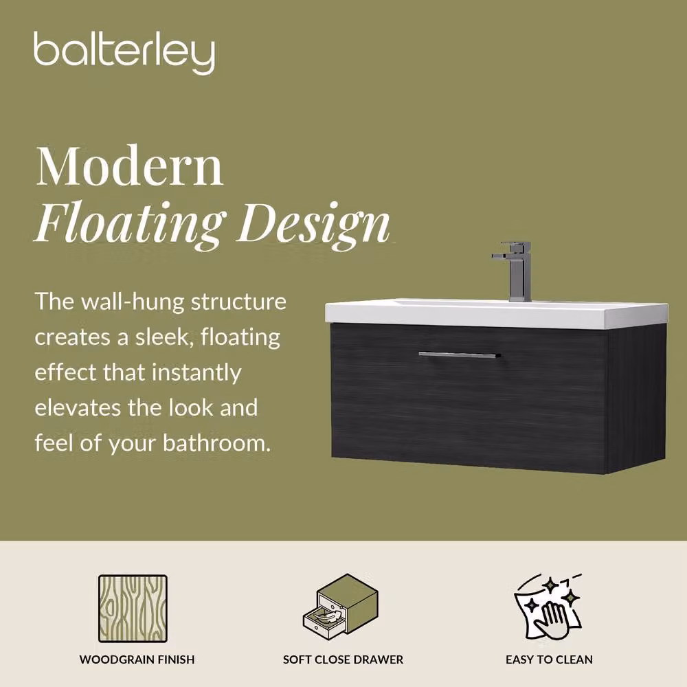 Balterley 800mm Wall Hung 1 Drawer Vanity Unit in Woodgrain Black with Pewter Handle in Black – 2