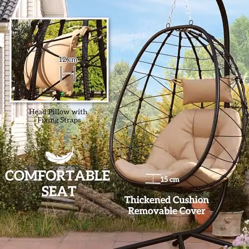 Outsunny Folding Hanging Egg Chair for Outdoor and Indoor Use in Brown or Beige – 4