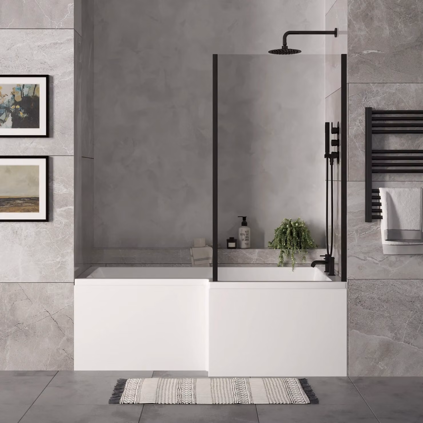 Balterley L Shape Shower Bath Set with White Panel and Black Right Hand Return Screen, W/D/H: 170 x 85 x 85 cm – 2