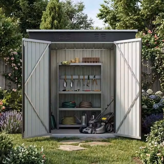Birchtree Metal Pent Garden Shed with Double Doors in Grey and White, W: 183 cm x D: 122 cm