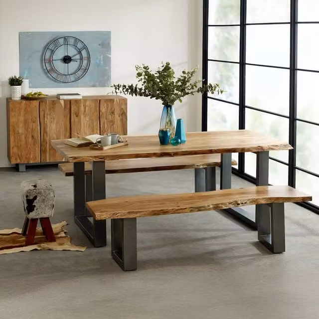 IH Design Modern Acacia Wood Dining Bench in Brown with Metal Legs