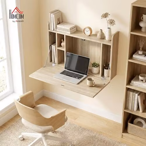HOMCOM Wall Mounted Drop Leaf Computer Desk in Oak Brown, W: 77 cm, D: 20 cm, H: 51 cm – 2