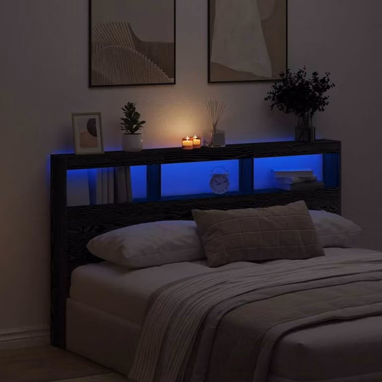 Berkfield Home Modern Headboard Cabinet with Integrated LED Lighting and Shelving in Black Oak, W/D/H: 180 x 17 x 102 cm