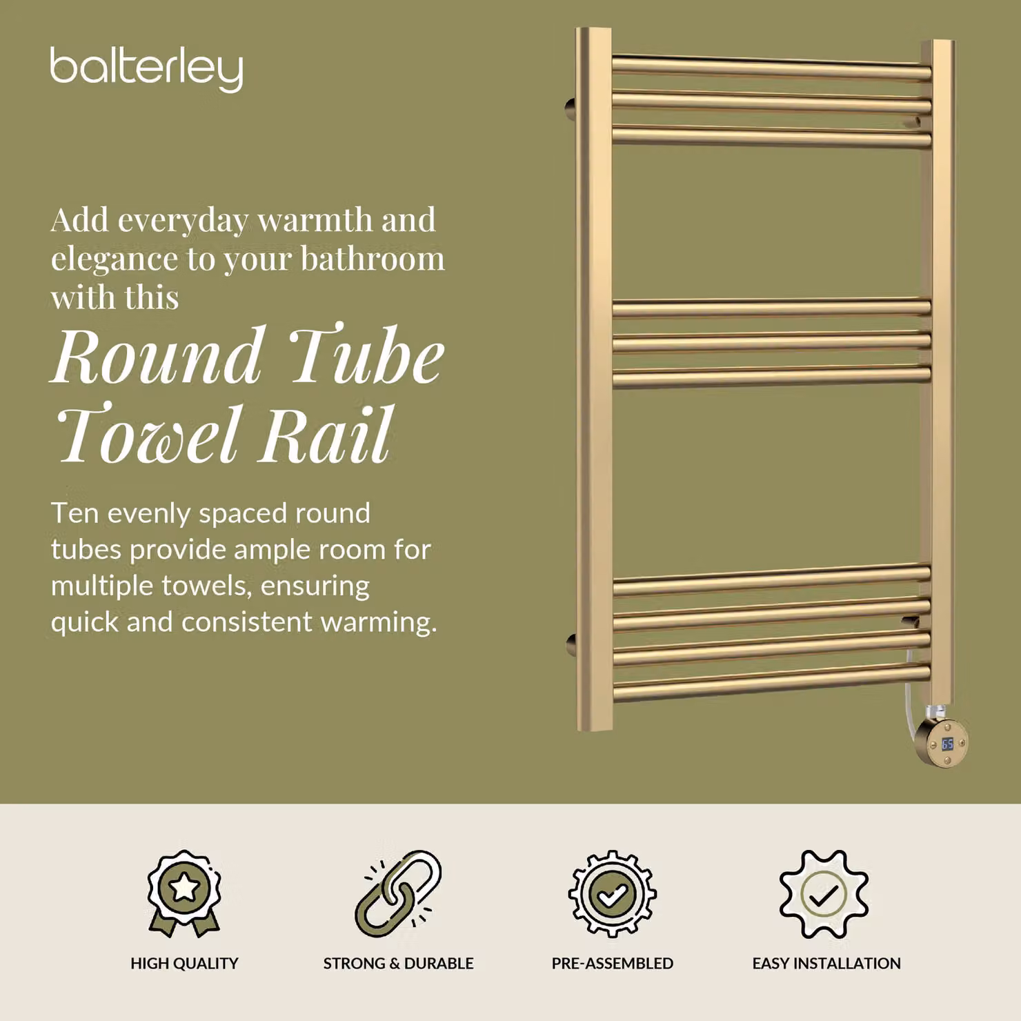 Balterley Round Tube 10 Bar Wall Mounted Towel Rail, Gold/Brass, W: 80 cm, D: 50 cm, H: 50 cm – 2