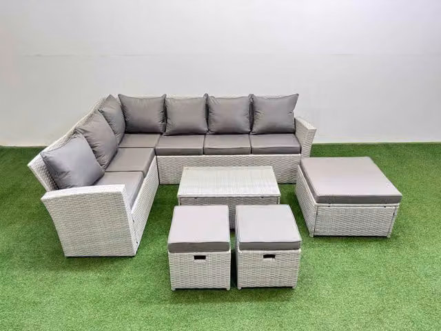 Fimous 9 Seater Rattan Garden Furniture Set with Oblong Coffee Table in Light Grey
