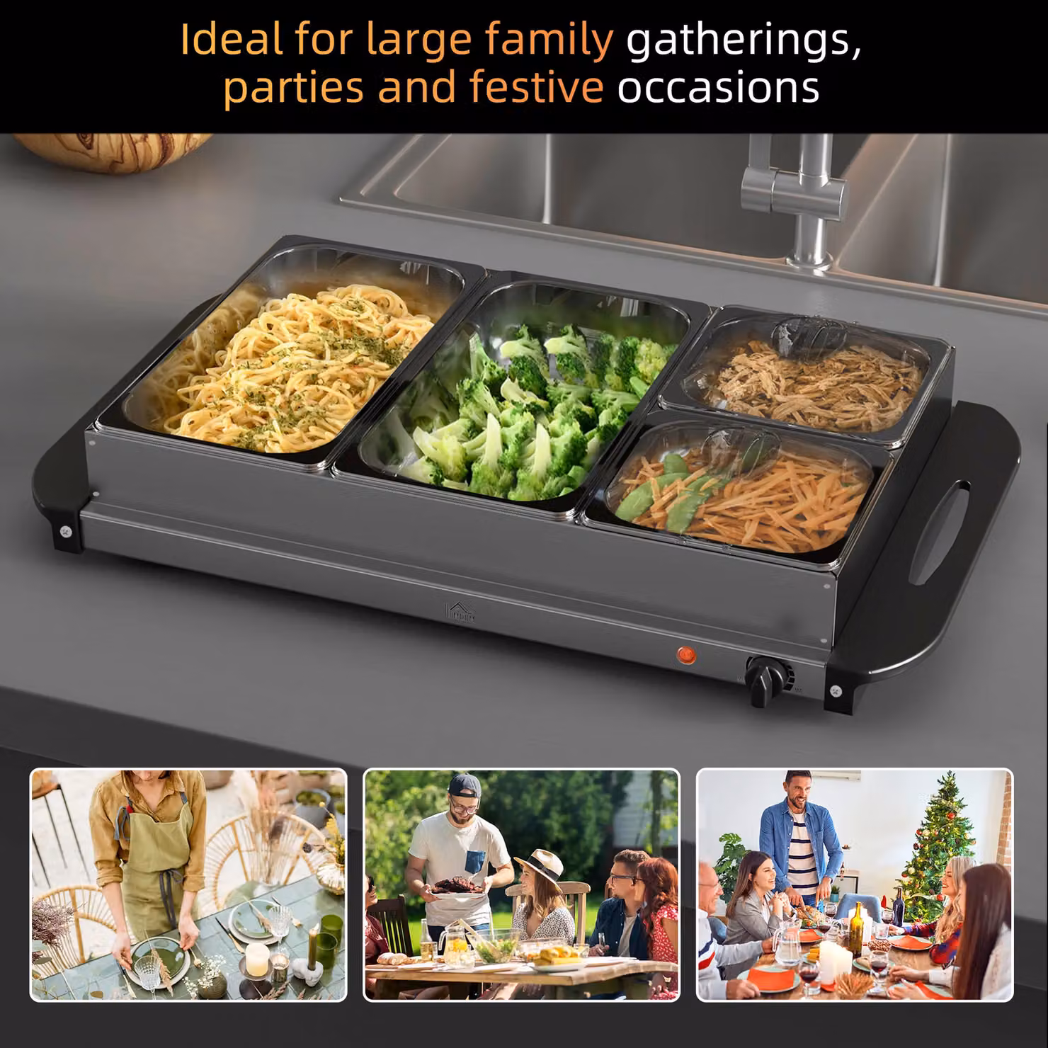 HOMCOM 300W Electric 4 Tray Buffet Server with Warming Plate in Silver – 3