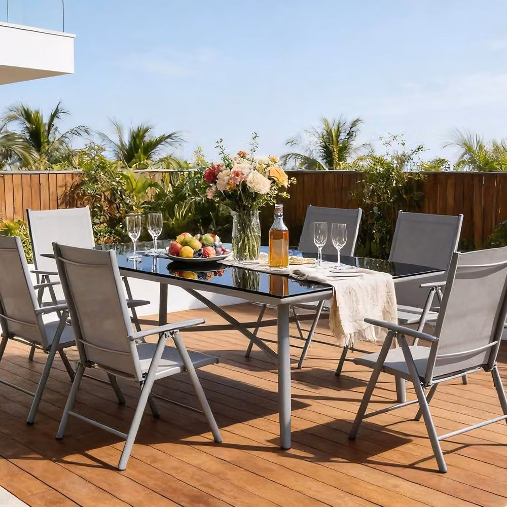 London Boutique Set of 4 Grey Reclining Folding Patio Sun Loungers with 8-Position Adjustment and Armrests – 2