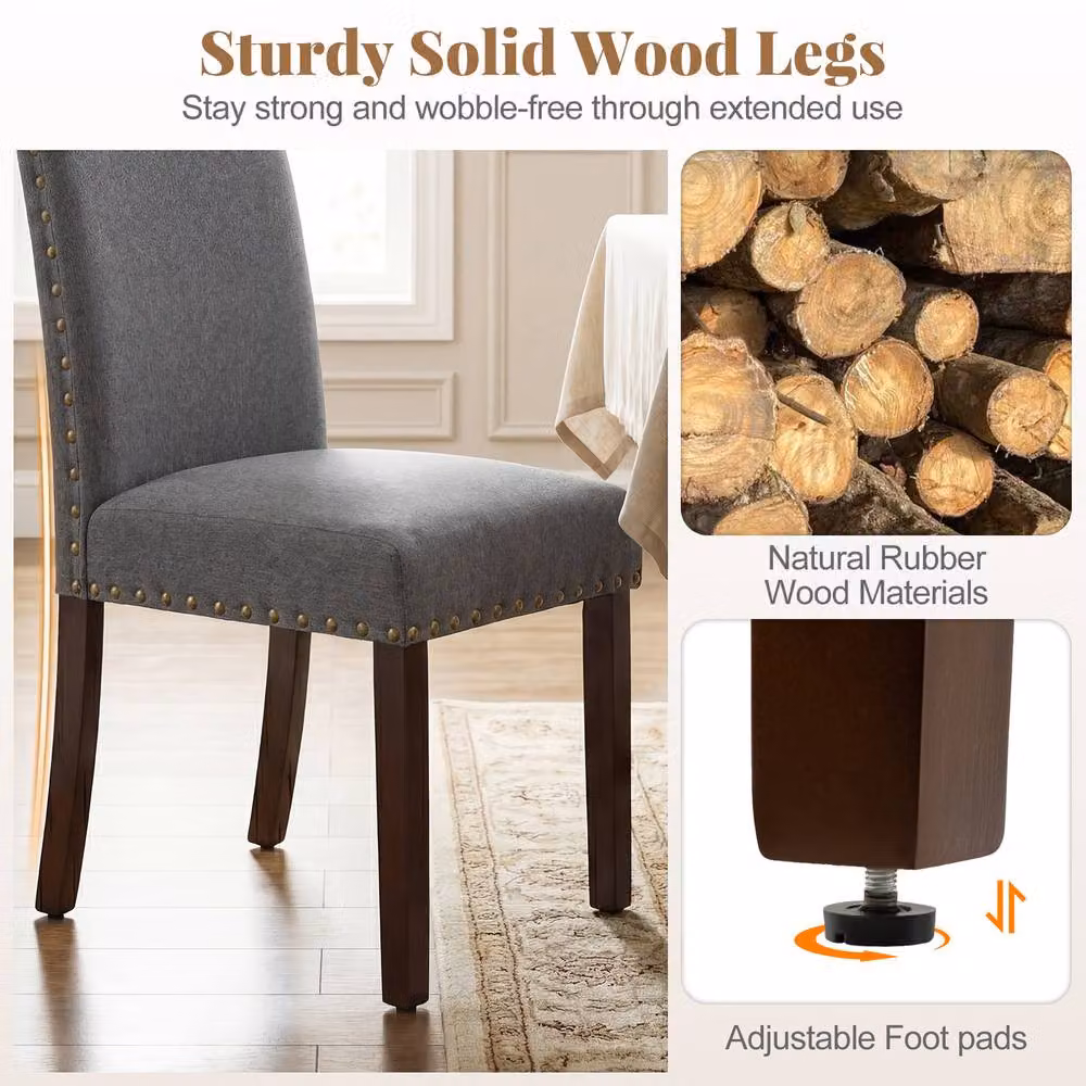 Costway Set of 2 Grey Upholstered High Back Dining Chairs with Rubberwood Legs – 5