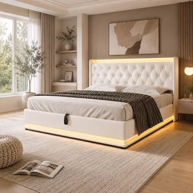 STILVORA White King Ottoman Bed with LED Lighting, USB Charging Port and Under-Bed Storage, W: 180 cm, D: 200 cm, H: 150 cm