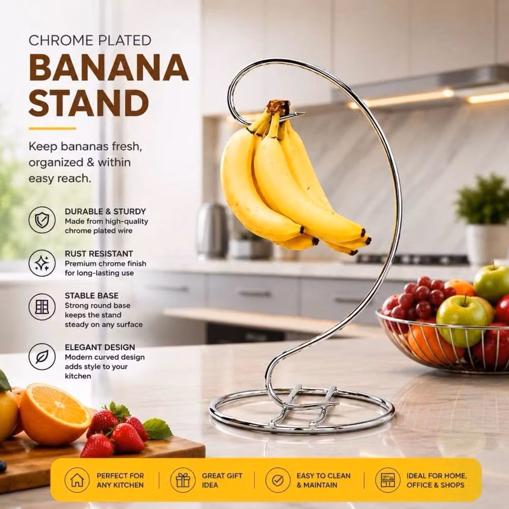 FLAVORA Chrome Plated Wire Banana Stand Tree in Silver, Height: 100 cm – 3
