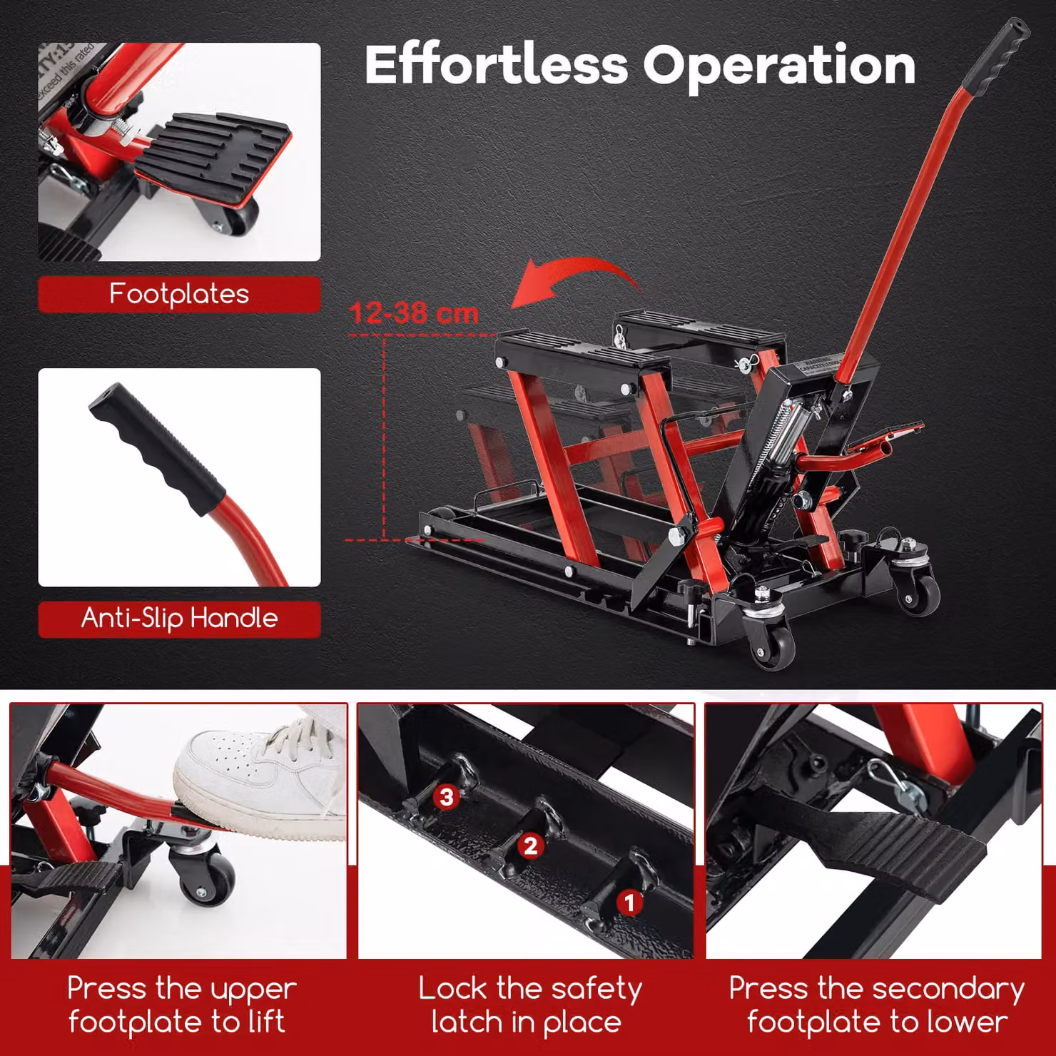 Gymax Red Hydraulic Motorcycle Lift Jack with 4 Wheels, 680kg Capacity – 4
