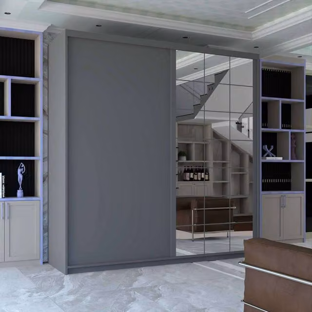 Sliding Wardrobes 4U Cubbix Single Mirror Sliding Door Wardrobe in Grey, W/H: 200 x 217 cm