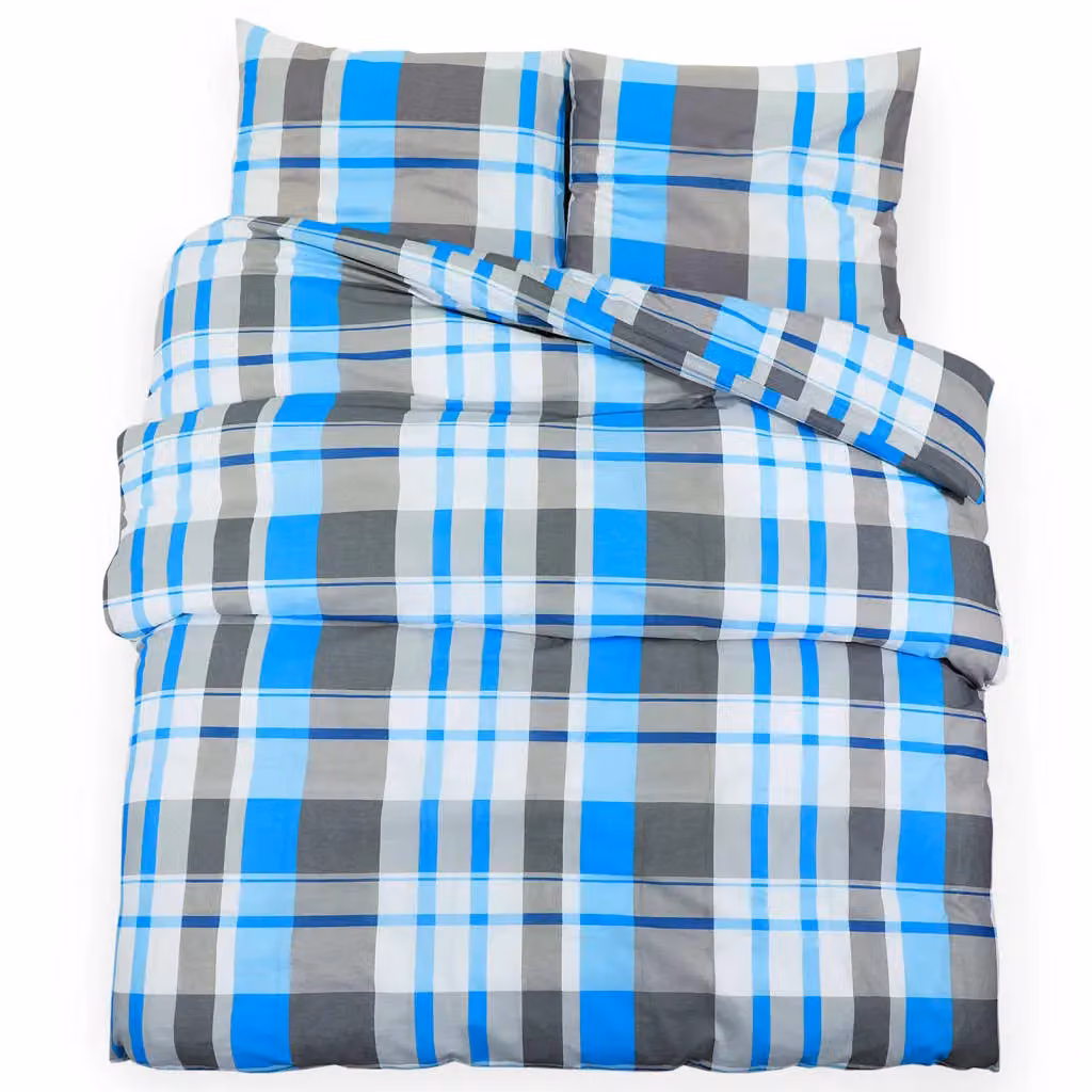 Berkfield Home Checked Cotton Duvet Cover and Pillowcase Set in Blue and Grey, W: 140 cm, L: 200 cm – 2