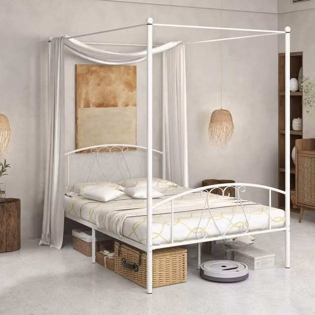 Costway Double Metal Canopy Bed Frame with Headboard and Footboard in White, W/D/H: 140 x 200 cm