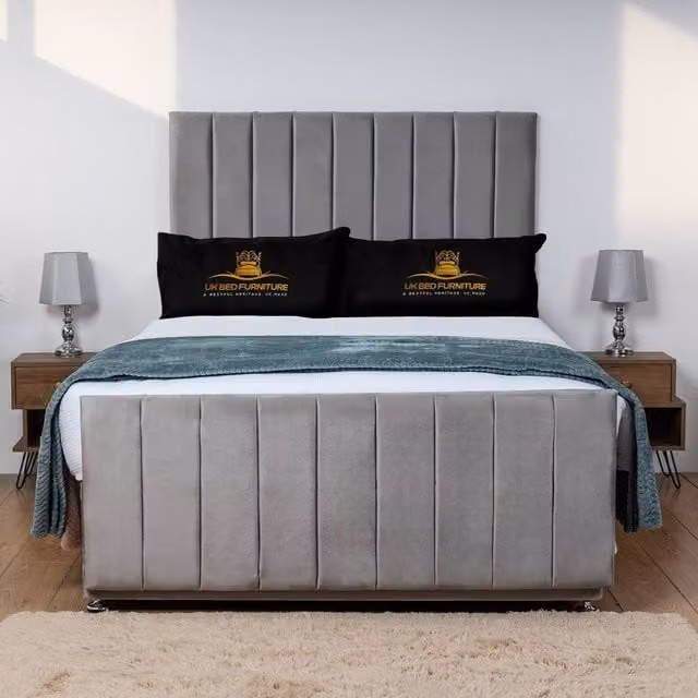 UK Bed Furniture Hampton Divan Bed Base with 26 Inch Headboard in Grey, W/D/H: 180 x 200 cm