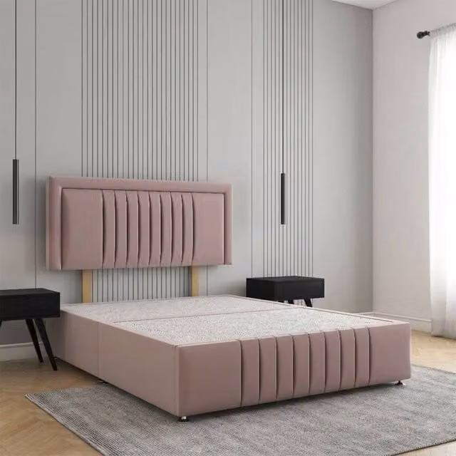 Regional Furnishings Plush Velvet Divan Bed Base with 24 inch Headboard and Footboard in Pink, Small Double, W/D/H: 120 x 200 cm
