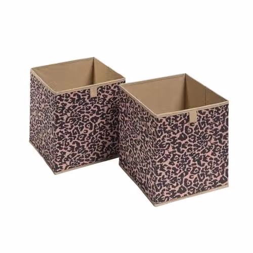 OHS Set of 2 Leopard Print Fabric Storage Cubes in Brown and Multicolour, Foldable with Handles, W/D/H: 27.0 x 27.0 x 27.0 cm – 1