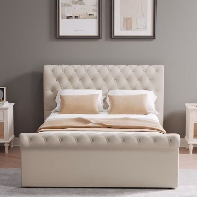 FWStyle King Size Buttoned Chesterfield Ottoman Bed Frame in Beige, W/D/H: 180 x 200 cm
