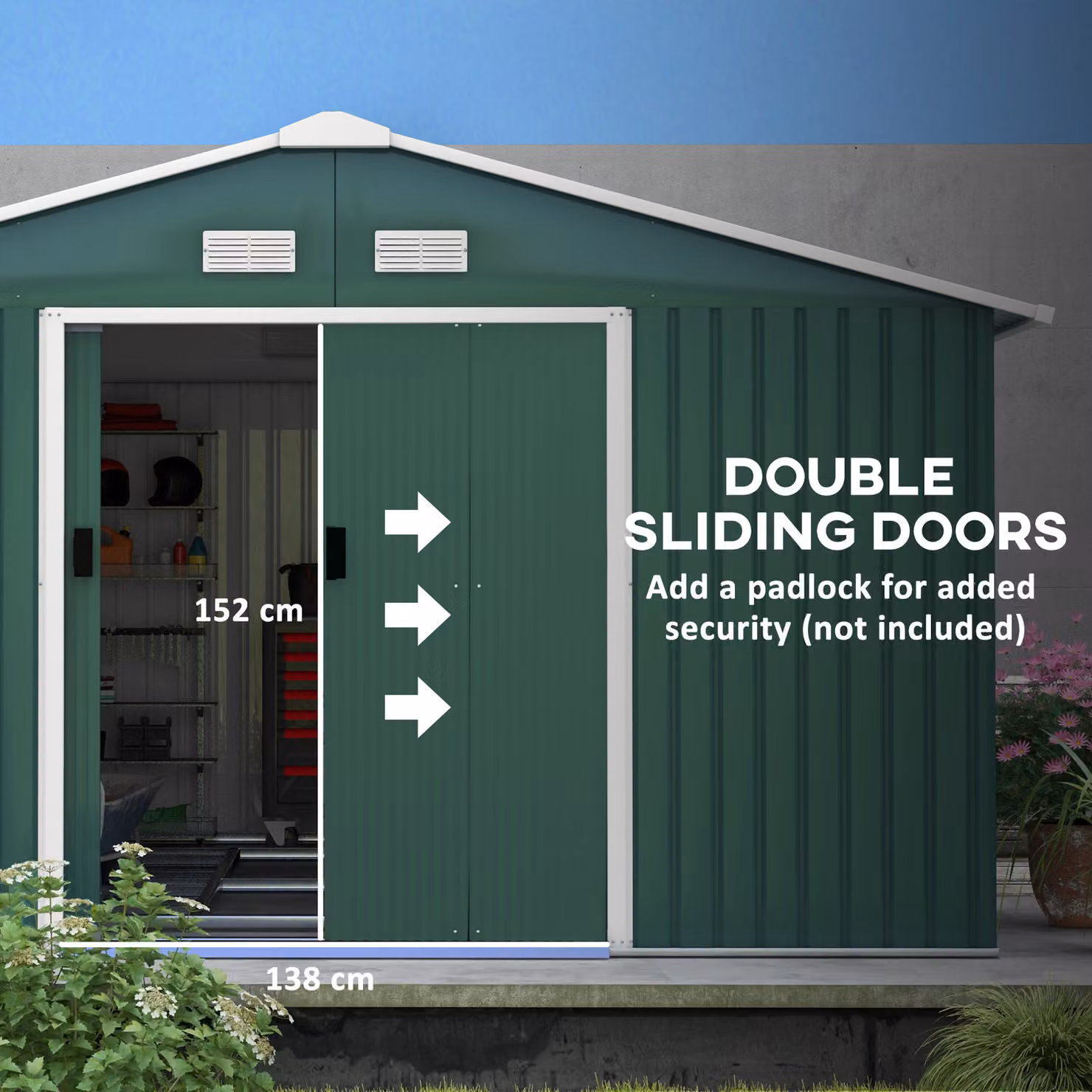 Outsunny Green Galvanised Steel Pent Storage Shed with Double Sliding Doors, W: 332.0 cm, D: 200.0 cm – 4