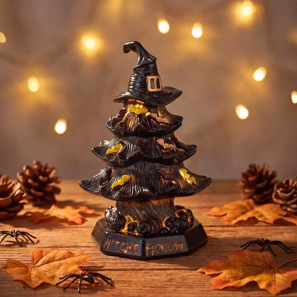 FLAVORA Witch Hat LED Night Light, Black Resin Tabletop Decor, H 100 cm x W 15 cm – 5