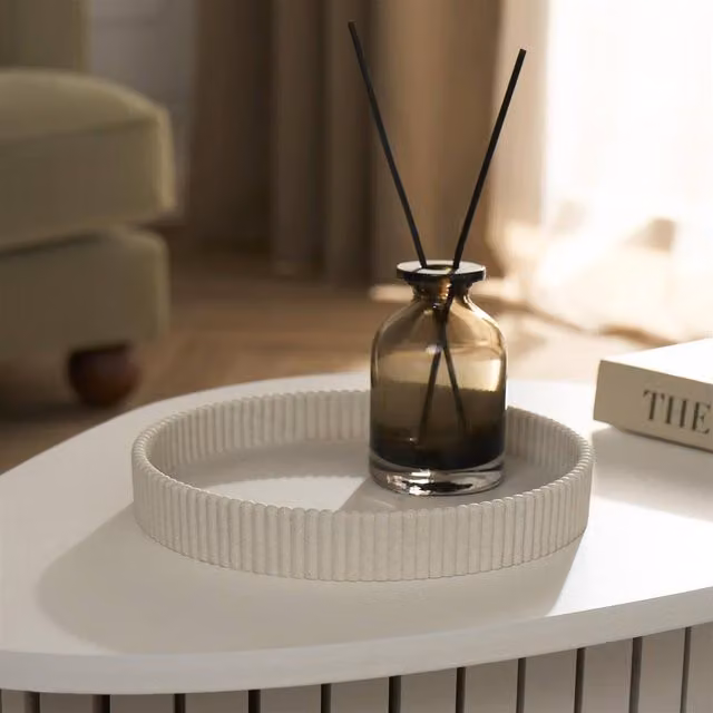 OHS Modern Round Geometric Ribbed Resin Decorative Tray in Beige