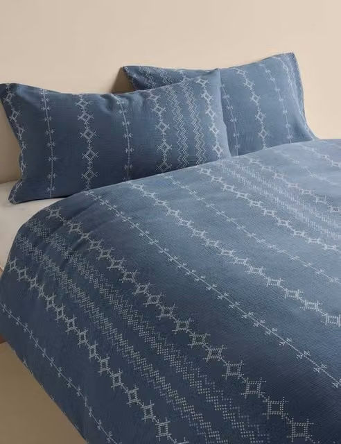 M&S Pure Cotton Cross-Stitch Jacquard Bedding Set in Slate Blue, W/D/H: 180 x 200 cm