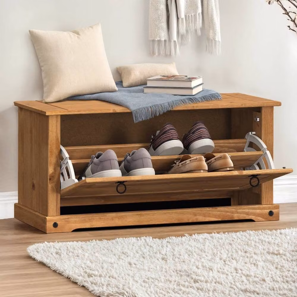 FORGEVIO Corona Shoe Rack Bench Chest with 1 Shelf in Natural Pine and Metal – 3