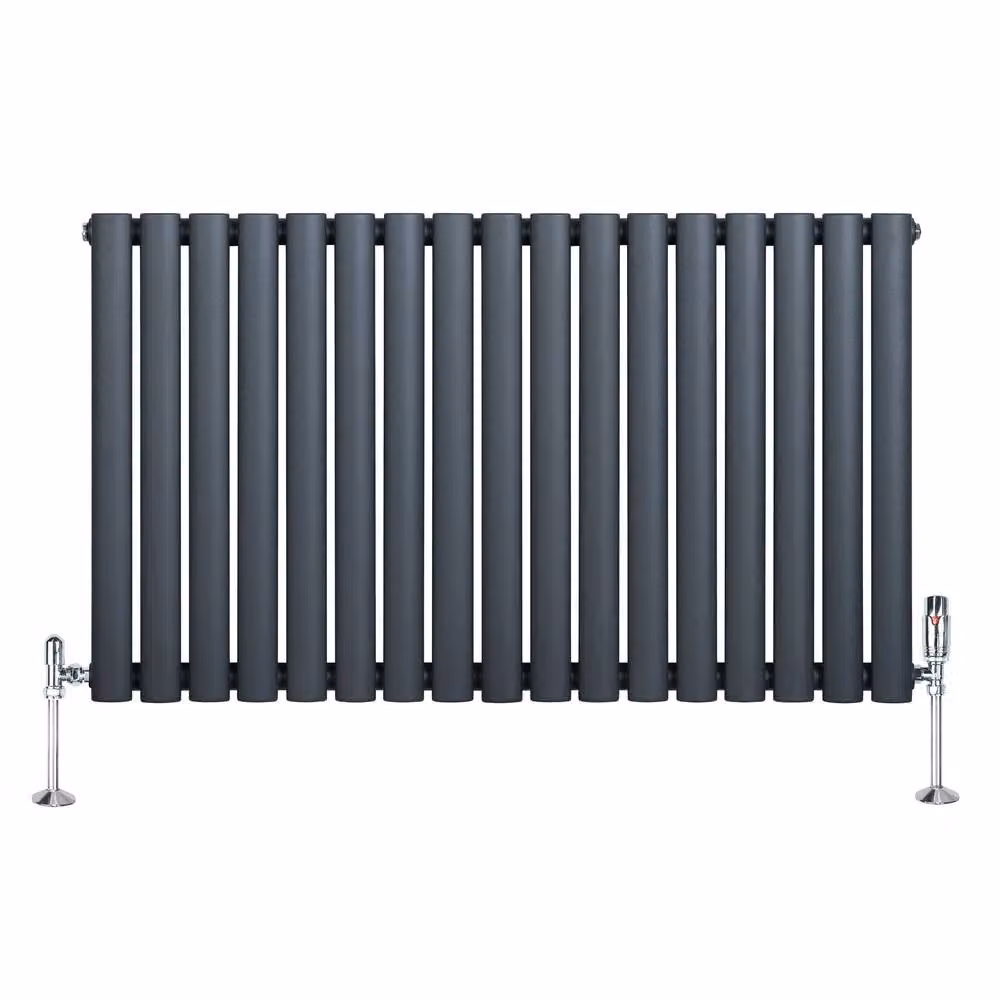 Monstershop Oval Single Column Steel Radiator with Integrated Valves and Thermostat Head, Anthracite Grey, H: 1020 mm, W: 60 mm – 2