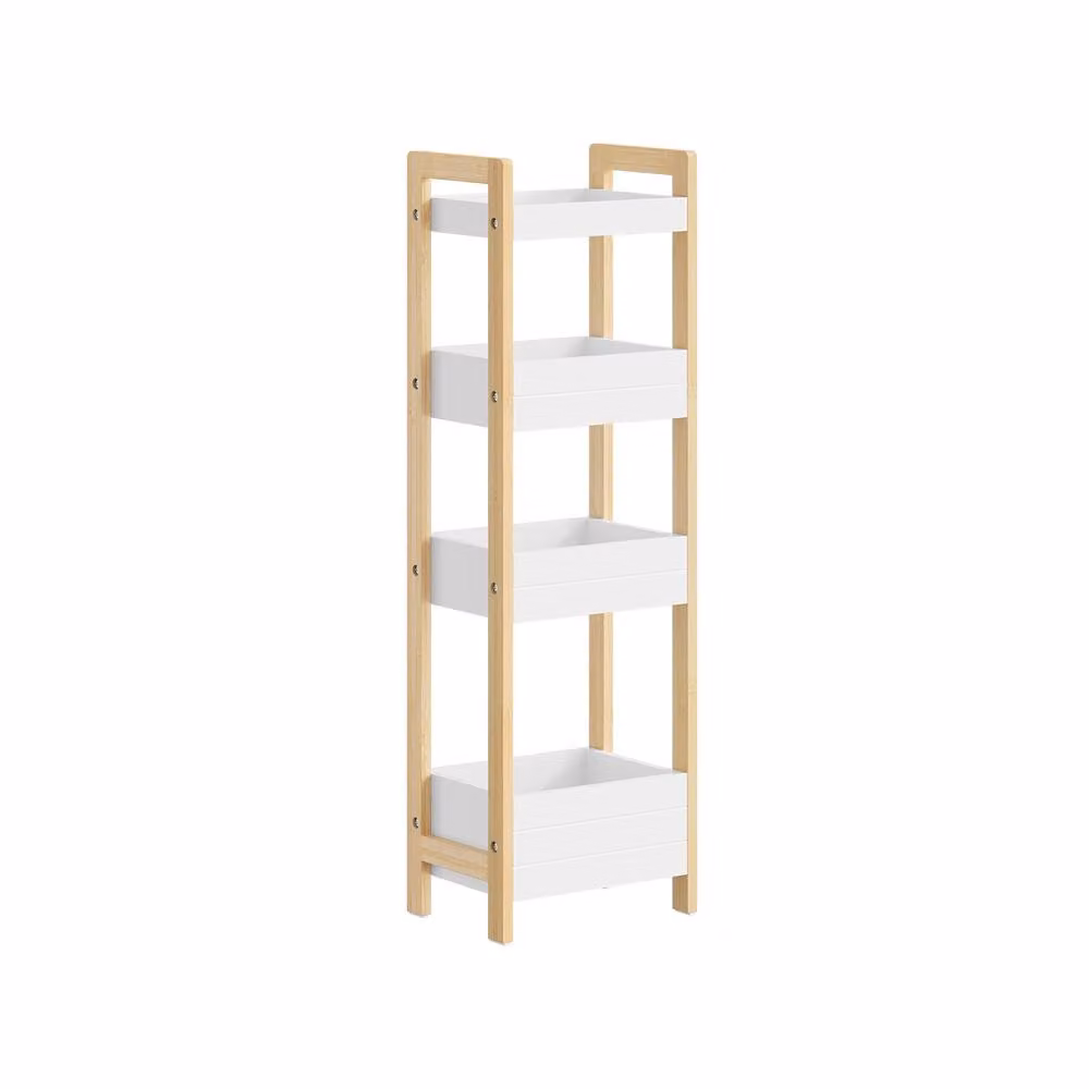 SoBuy 4-Tier Narrow Storage Rack with Bamboo Frame and White Shelves – 2