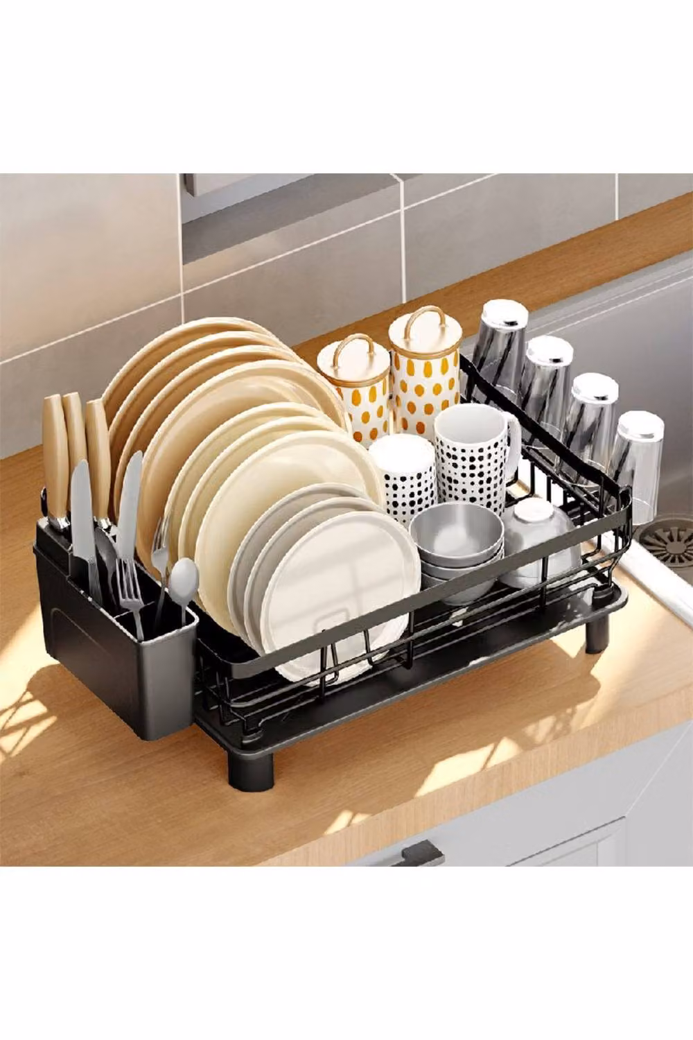 KDMD Black Stainless Steel Dish Drying Rack with Drip Tray, Cutlery Holder and Cup Holder – 4
