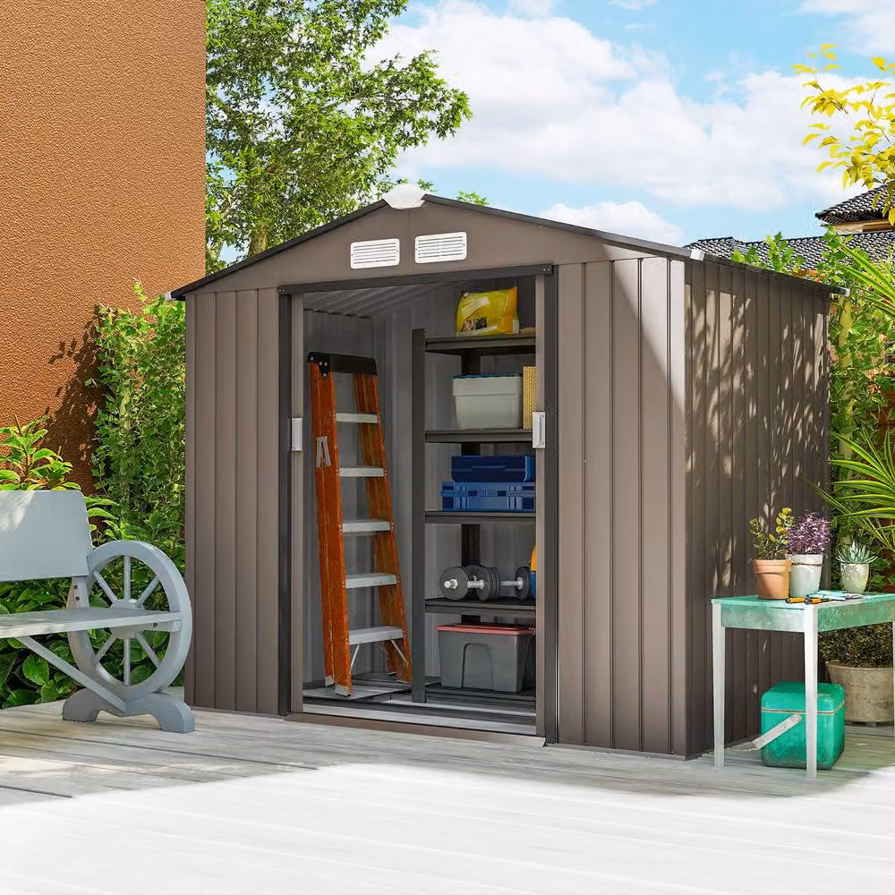 Rolipo Metal Garden Shed with Foundation Kit and Double Doors, Brown, W: 213.36 cm, D: 121.92 cm, H: 170.0 cm – 2