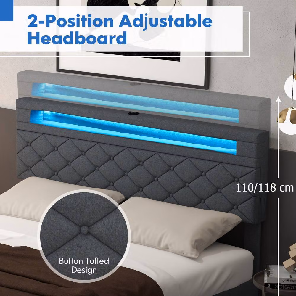 Gymax Queen Bed Frame with LED Lights, USB Charging Station and 4 Drawers, Grey Upholstered Fabric, 150 x 200 cm – 4