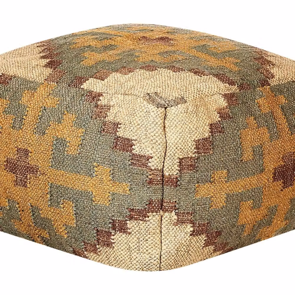 Wyld and Coco Boho Geometric Jute and Wool Pouffe in Beige and Multicolour, W/D/H: 50 x 50 x 30 cm – 2