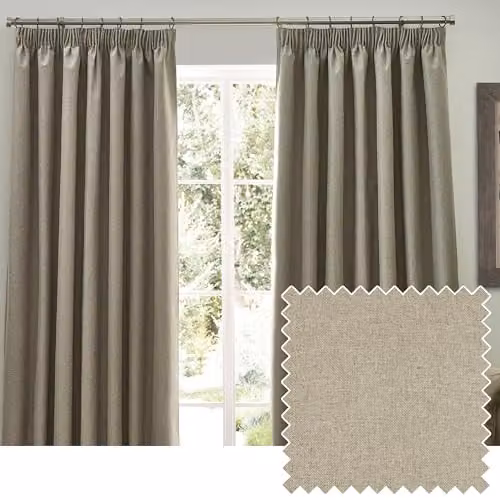 Furn Riva Home Blackout Pencil Pleat Curtains, Thermal Insulating, Beige/Sand, Width: 229 cm, Drop: 183 cm – 1