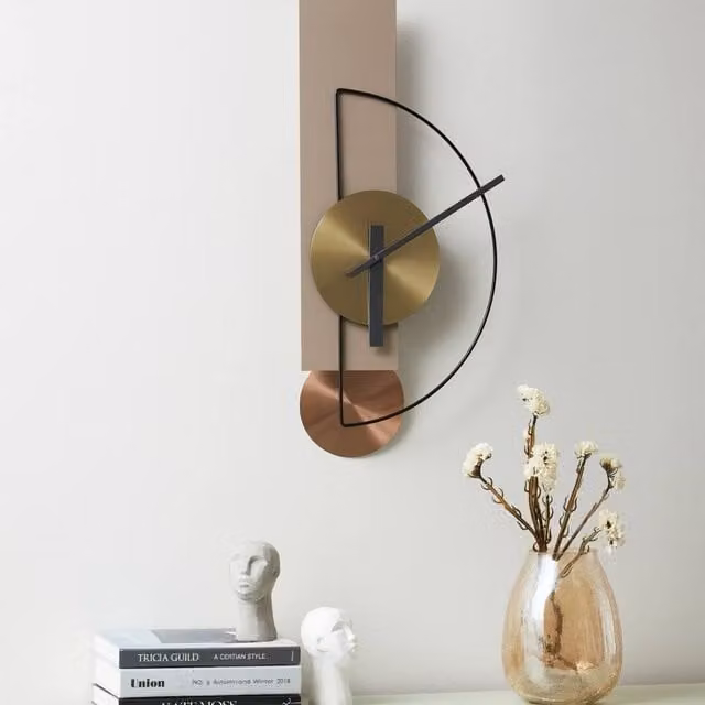 Wyld and Coco Minimalist Geometric Metal Wall Clock in Beige, Black and Gold, W/H: 63 x 31 cm – 1
