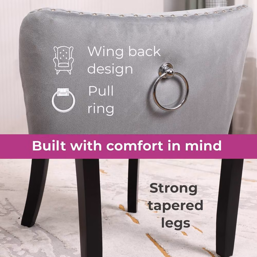 Neo Set of Four Studded Velvet Dining Chairs with Ring Knocker Detail in Light Grey – 4