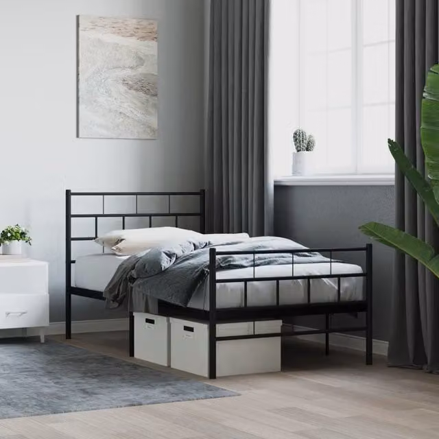 Berkfield Home Metal Bed Frame with Headboard and Footboard, Black, W: 100 cm, L: 200 cm