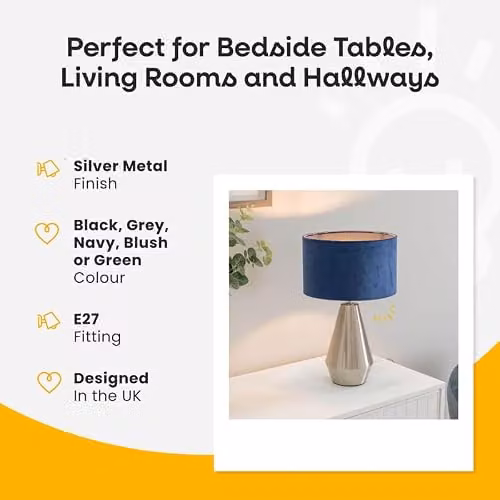 ValueLights Silver Chrome Metal Touch Dimmer Table Lamp with Blue Fabric Cylinder Shade and LED Bulb – 2