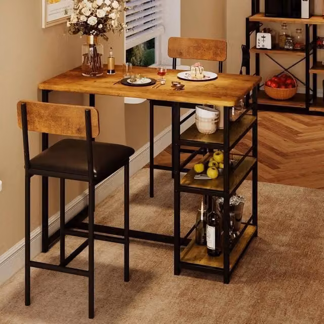 VOGREX Industrial Dining Set with Rectangular Bar Table and Two Upholstered Chairs in Brown and Multicolour